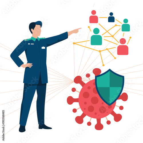 Official in uniform pointing at a network of people while a shield blocks a virus representing pandemic defense and contact tracing.