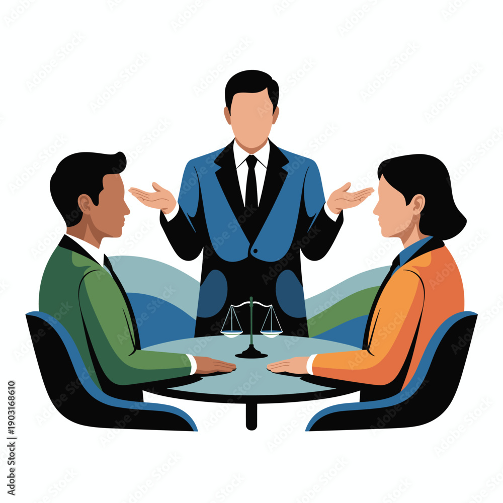 Fototapeta premium Legal mediator standing between two parties sitting at a table with scales of justice representing conflict resolution and negotiation.