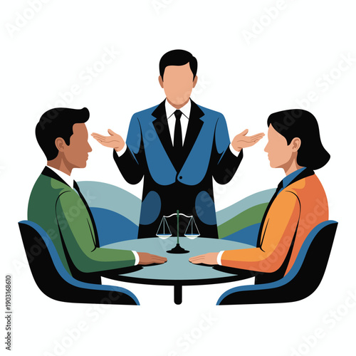 Legal mediator standing between two parties sitting at a table with scales of justice representing conflict resolution and negotiation.