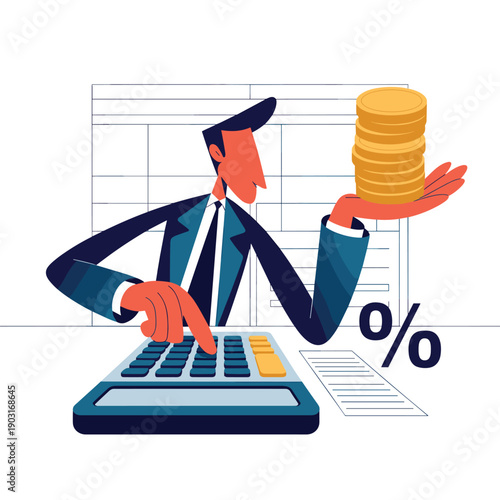 Businessman carefully balancing a stack of gold coins on his hand near a calculator and large percentage symbol for a detailed financial profit analysis report.