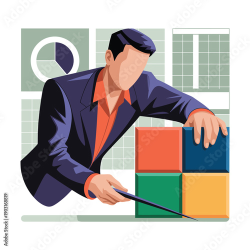 Businessman strategically arranging colorful square blocks with analytical charts and graphs in the background for a comprehensive corporate planning session.