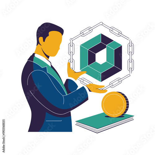 Man presenting a complex blockchain technology concept with a large hexagon connected by chains and a gold cryptocurrency coin symbol for digital finance security.