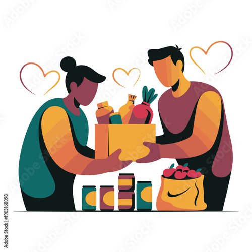 Two dedicated volunteers packing a donation box with fresh food items like bread and canned goods for a local charity community support distribution program.