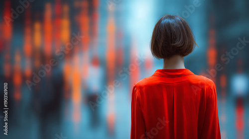 Wallpaper Mural A contemplative woman in a red coat gazes at an abstract city scene filled with vibrant colors and blurred figures. Torontodigital.ca