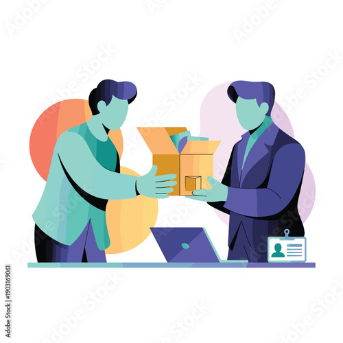 Delivery courier handing a cardboard package box to a professional business customer who is verifying the order details on a laptop screen in the office area.