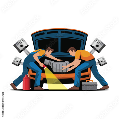 Two skilled mechanics working together on a car engine repair with large pistons and a metal toolbox in the background of an automotive garage service station.
