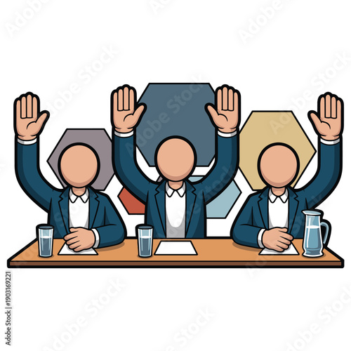 Three professional people raising their hands to vote or volunteer for a task while sitting at a long table with a decorative hexagonal geometric backdrop design.