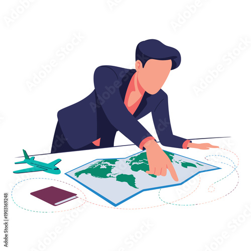 Man pointing at a specific location on a spread out world map with a toy airplane and passport on the table to plan an exciting international travel itinerary.