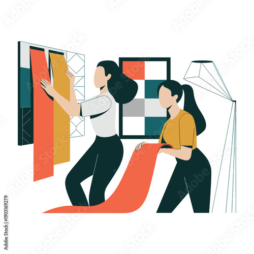 Two female interior designers selecting fabric samples and color palettes for a new room decoration project while standing in a modern design studio workspace.