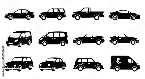 Collection of diverse vehicle silhouettes in black and white.