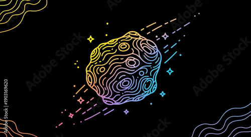 Vibrant Rainbow Asteroid Illustration in Deep Space with Comet Trails and Twinkling Stars a