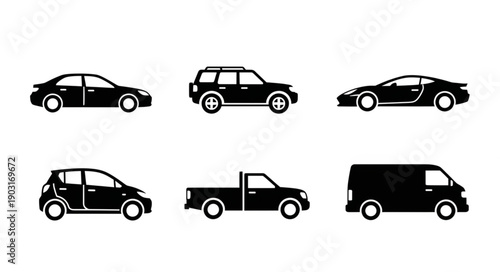 Collection of diverse vehicle silhouettes isolated on white background.