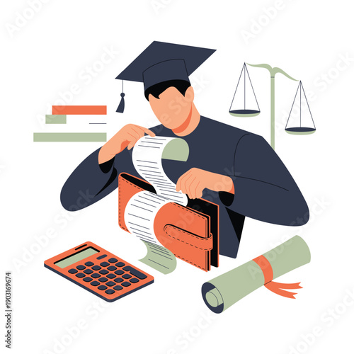 Graduate student in a cap and gown calculating educational expenses with a long paper receipt and a wallet representing the cost of university tuition and loans.