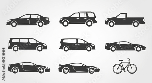 Collection of Diverse Vehicle Silhouettes Including Cars Vans and Bicycle.