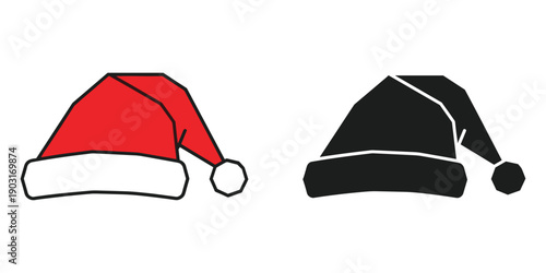 Christmas santa hats and black beanie on white background