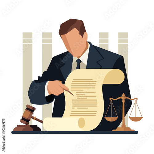 Lawyer or judge reviewing a long legal document scroll with a wooden gavel and golden scales of justice representing the fair judicial system and court proceedings.
