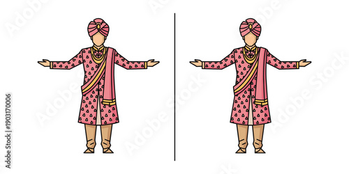 Traditional indian men in pink attire with turbans side by side
