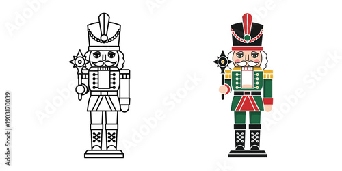 Colored and black and white nutcracker soldiers standing upright