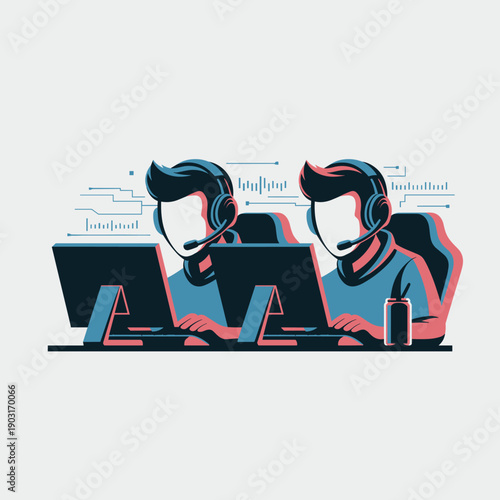 Two gamers wearing headsets playing multiplayer video games on desktop computers side by side during an intense esports competition or lan party gaming event.