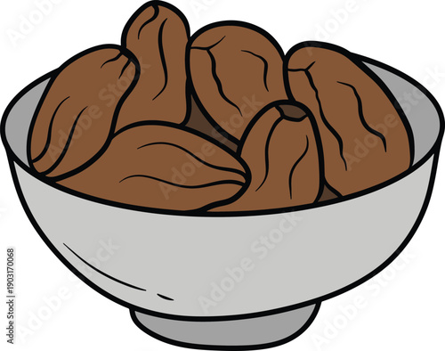 A bowl of dates for iftar, viewed from above, kurma in a simple graphic illustration style