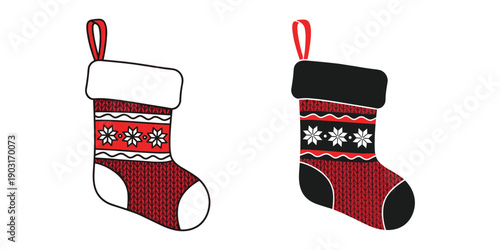 Two red christmas stockings with snowflakes and ribbons