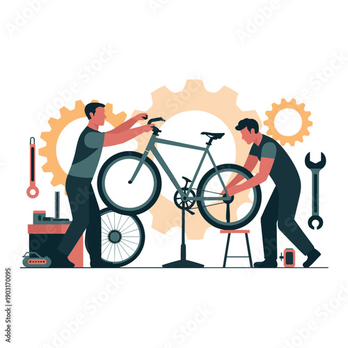 Two mechanics assembling and adjusting a bicycle on a repair stand with gears in the background representing a professional bike shop maintenance and service.