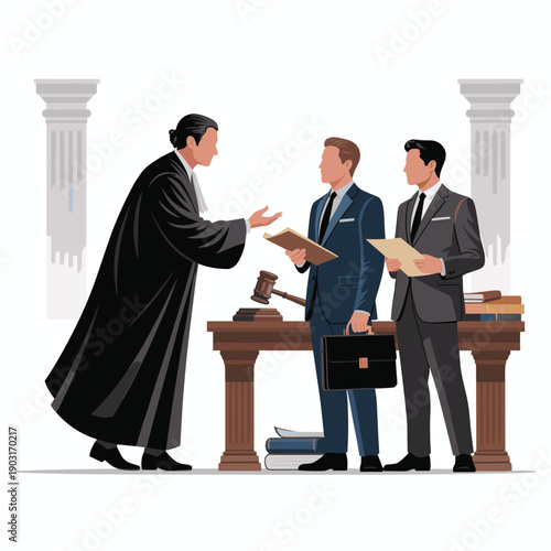 Judge in a black robe speaking to two lawyers or clients standing at a table with a gavel representing a legal courtroom hearing and judicial decision making.
