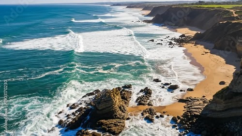 Aerial view captures the stunning coastline with cliffs and sandy beaches meeting the turquoise ocean waves.