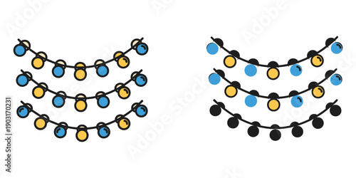 Colorful string lights with yellow blue and black bulbs on black cables