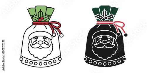 Santa claus faces on white and black christmas gift bags with ribbons