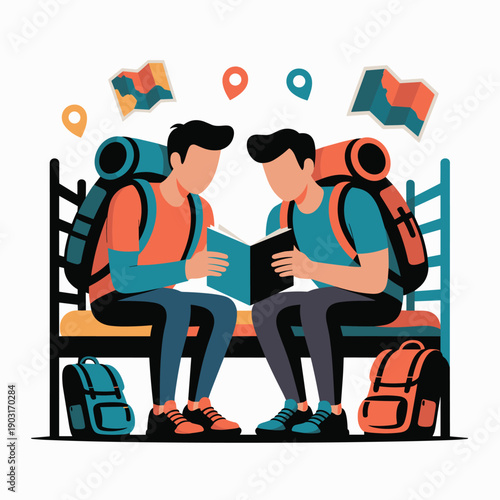 Two male travelers sit together reviewing a map and guidebook while resting with their large backpacks, planning their next hiking adventure and route during a journey.