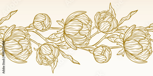 Abstract background with hand drawn floral elements. Elegant golden peony floral line art. Vector design templates for postcard, poster, business card, flyer, magazine, banner, wedding invitation.