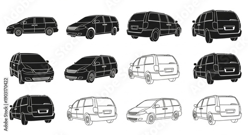 Collection of Diverse Vehicle Silhouettes and Line Drawings.