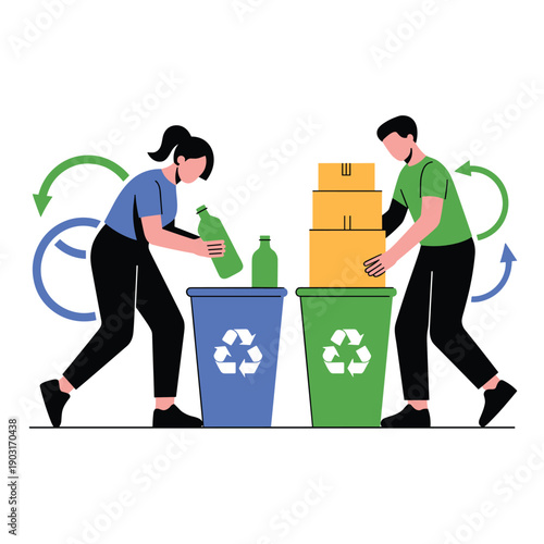 A responsible man and woman work together to sort waste into recycling bins, with one handling cardboard boxes and the other disposing of a glass bottle for nature.
