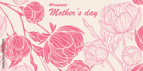 Mother's Day greeting card design with hand-drawn peonies.. Mothers day design template for banner, poster, cover, social media.