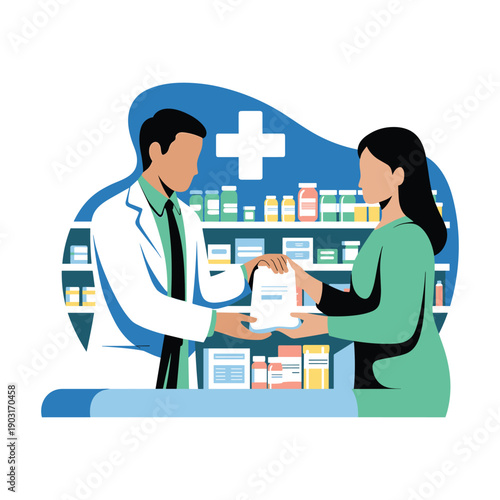 A professional pharmacist in a white coat hands a prescription bag to a female customer at a pharmacy counter, ensuring proper medication delivery and patient care.