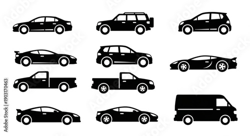 Collection of diverse vehicle silhouettes for automotive design.