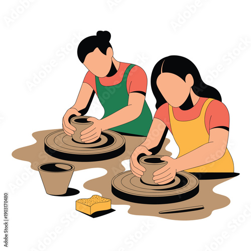 Two artisans focus intensely on creating clay pots using pottery wheels, shaping the material with their hands in a creative workshop dedicated to ceramic arts.
