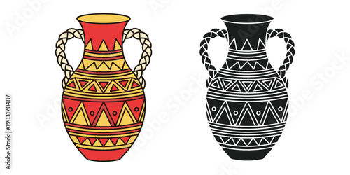 Colorful ancient vases with tribal patterns on white background