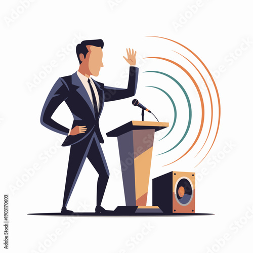 A confident public speaker stands at a podium with a microphone, gesturing while delivering a speech or presentation to an audience, emphasized by stylized sound waves.