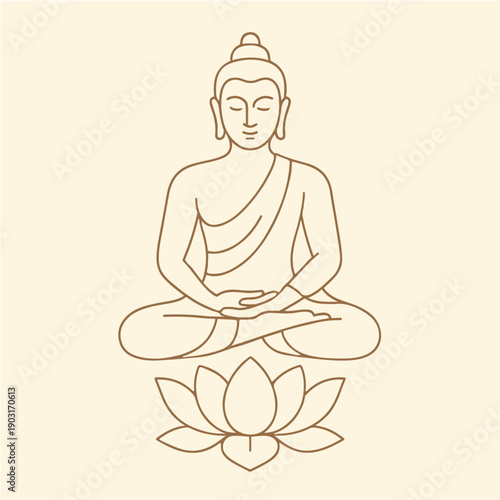 Meditating Buddha and Lotus Flower Line Art