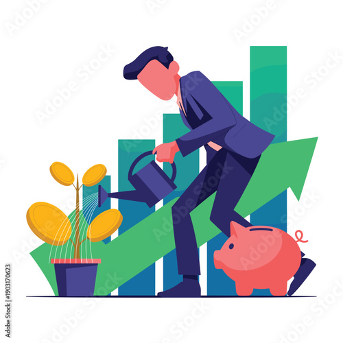 A proactive investor waters a growing money plant that follows an upward trend line on a chart, with a piggy bank nearby symbolizing savings and financial growth.
