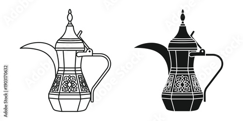 Traditional arabic coffee pots in black and white illustrations
