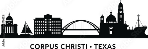 Corpus Christi Texas city skyline silhouette vector illustration featuring Harbor Bridge sailboat cargo ship and coastal architecture landmarks