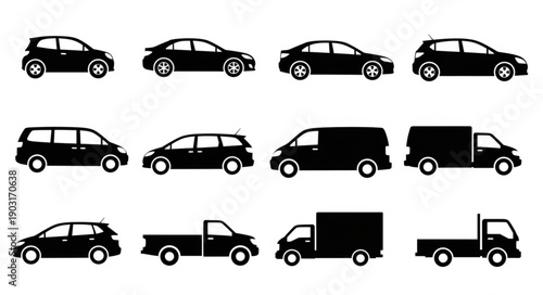 Collection of diverse vehicle silhouettes for transportation and automotive themes.