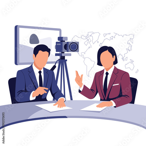 A male and a female news anchor sit at a broadcasting desk with a camera and world map background, delivering breaking news and updates to the television audience.