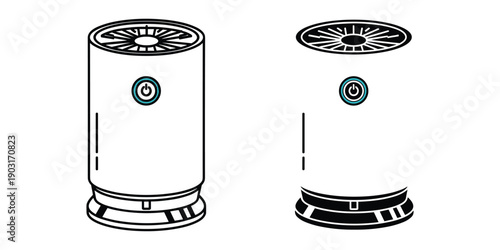 Air purifier device front and back views with control panel