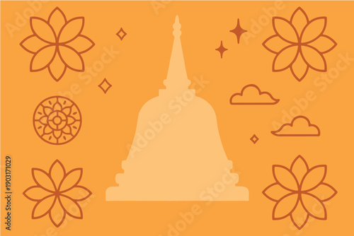 Flat Design Buddhist Stupa and Lotus Flowers Cultural Art