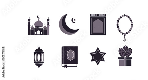 Icônes Spirituelles du Ramadan en Duotone Géométrique