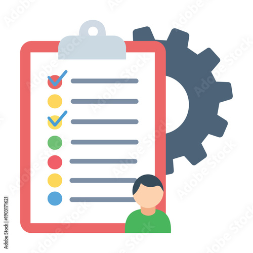 Task Management and Implementation: A digital illustration showcasing a checklist, gear, and human, symbolizing meticulous planning, task management, and project implementation.